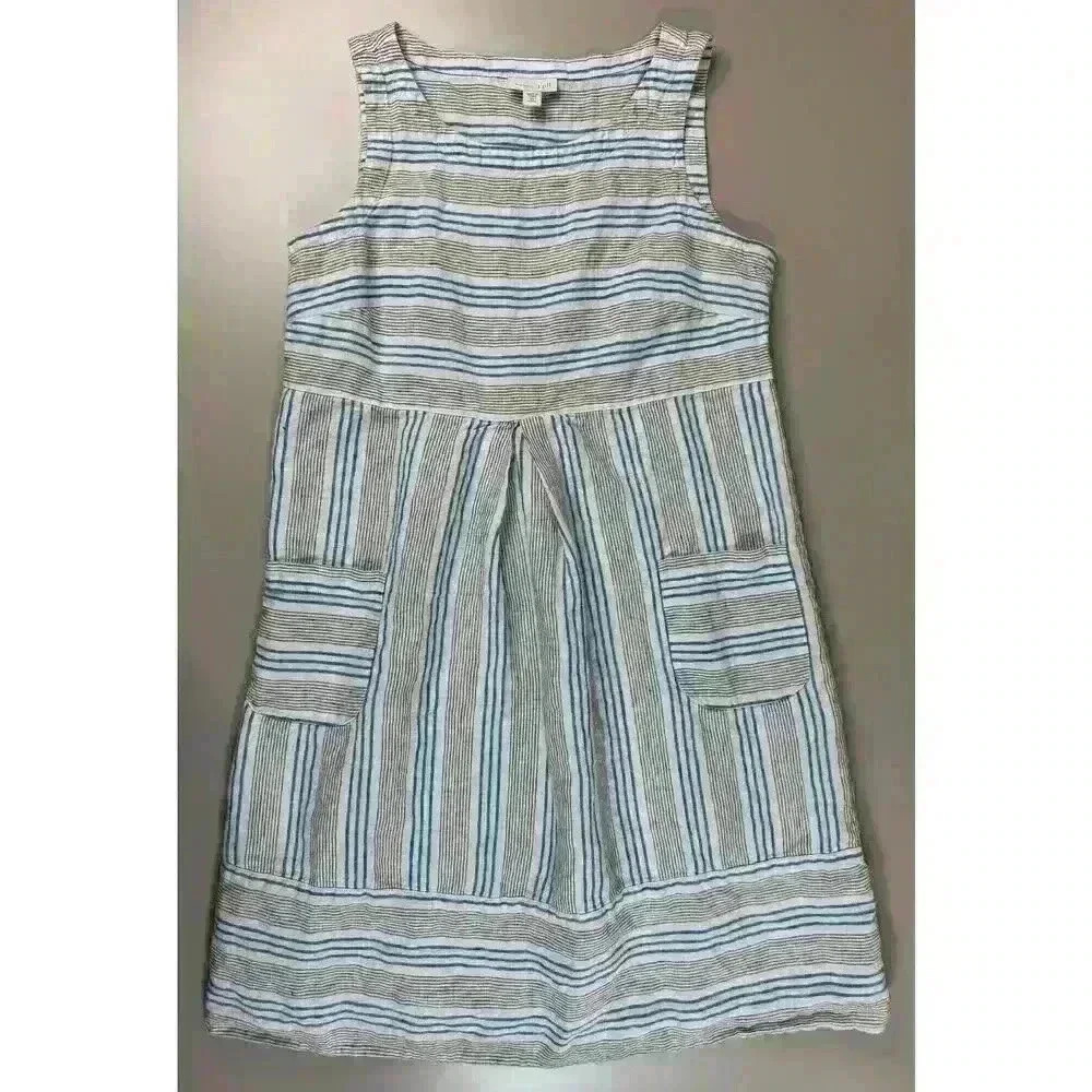 J Jill Love Linen Dress XSmall Petite Sleeveless Pockets Stripe White Blue ALine - Picture 4 of 12